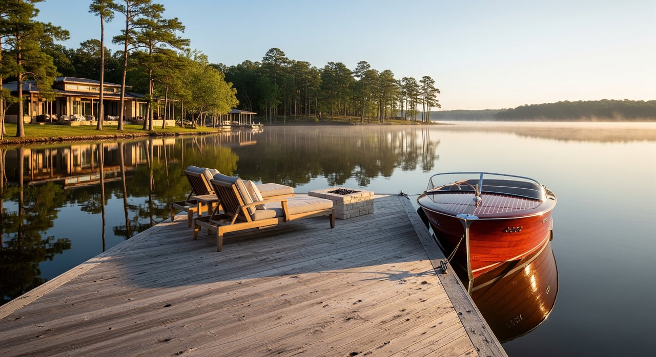 Illustrative lakeside dock and tree-lined shore