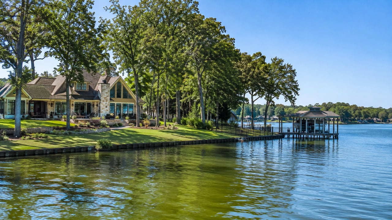 Illustrative lakefront home among trees with a covered dock