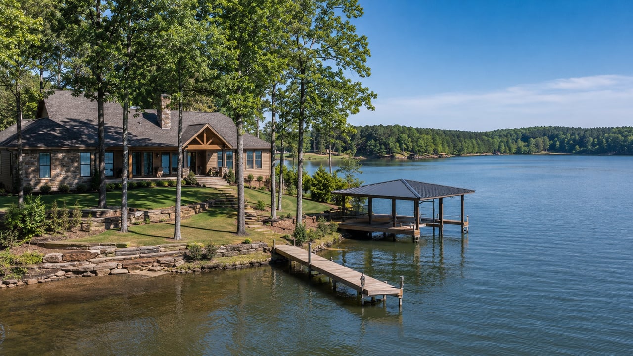 Illustrative lakeside home and boat dock