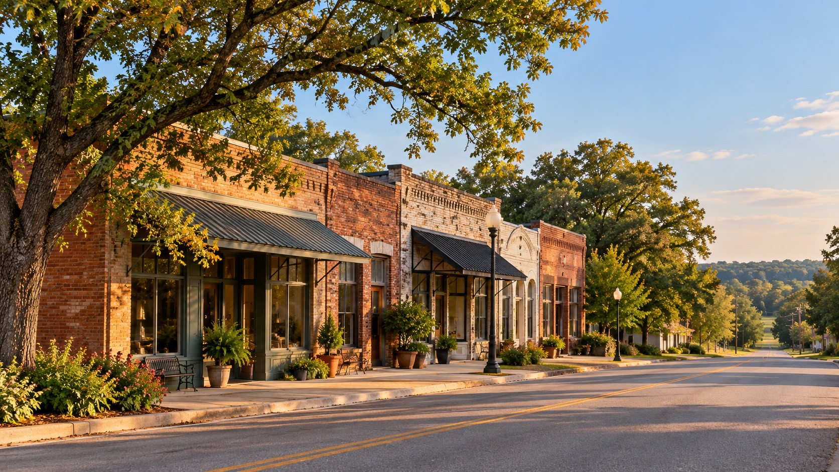 AI-generated illustration of a modest small-town street inspired by Avery