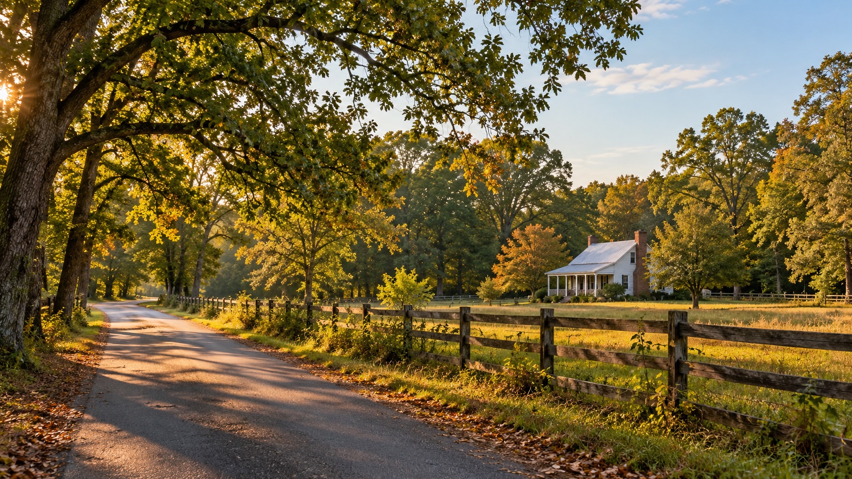 AI-generated illustration of a country lane, meadow, and farmhouse inspired by Dalby Springs