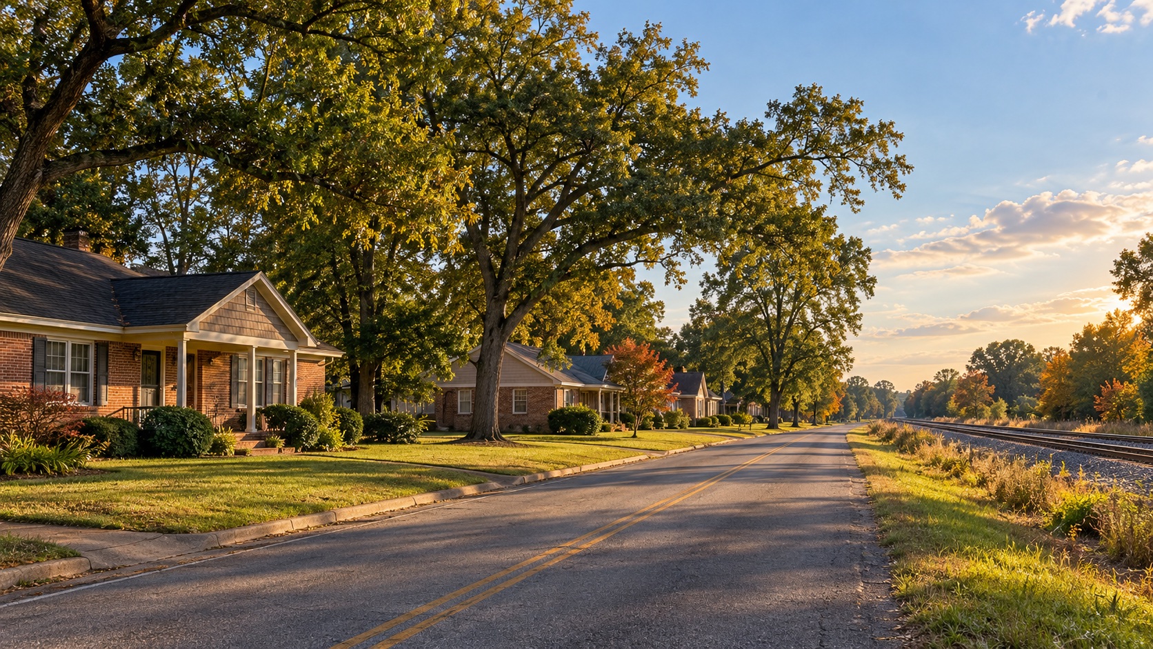 AI-generated illustration of a shaded residential street inspired by Hooks