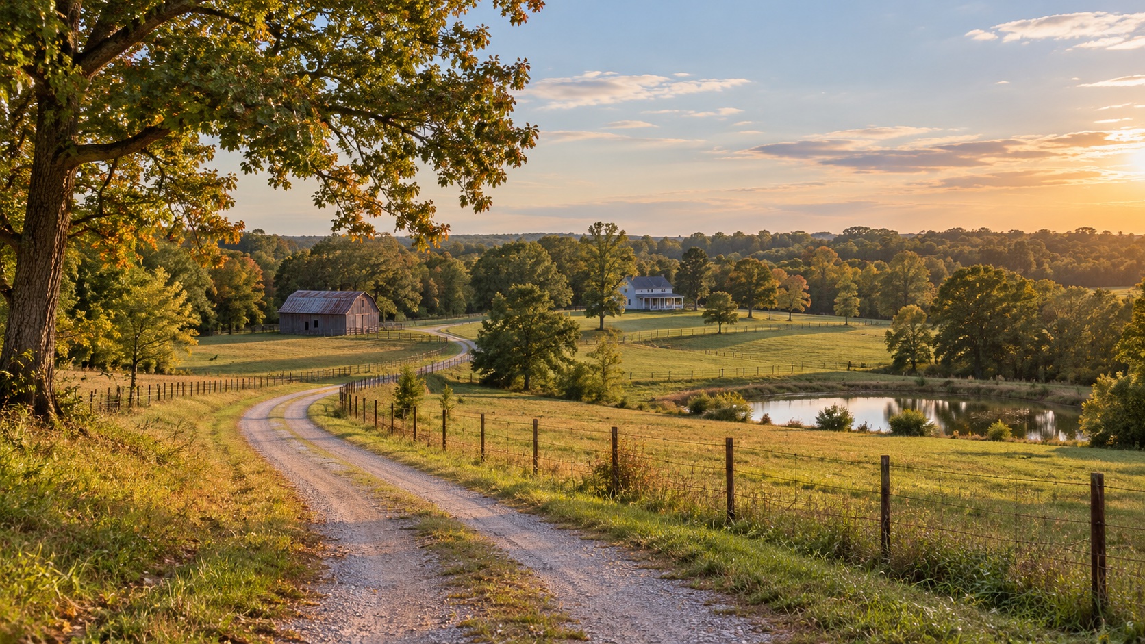 AI-generated illustration of rural pasture, woods, and a farm lane inspired by Simms