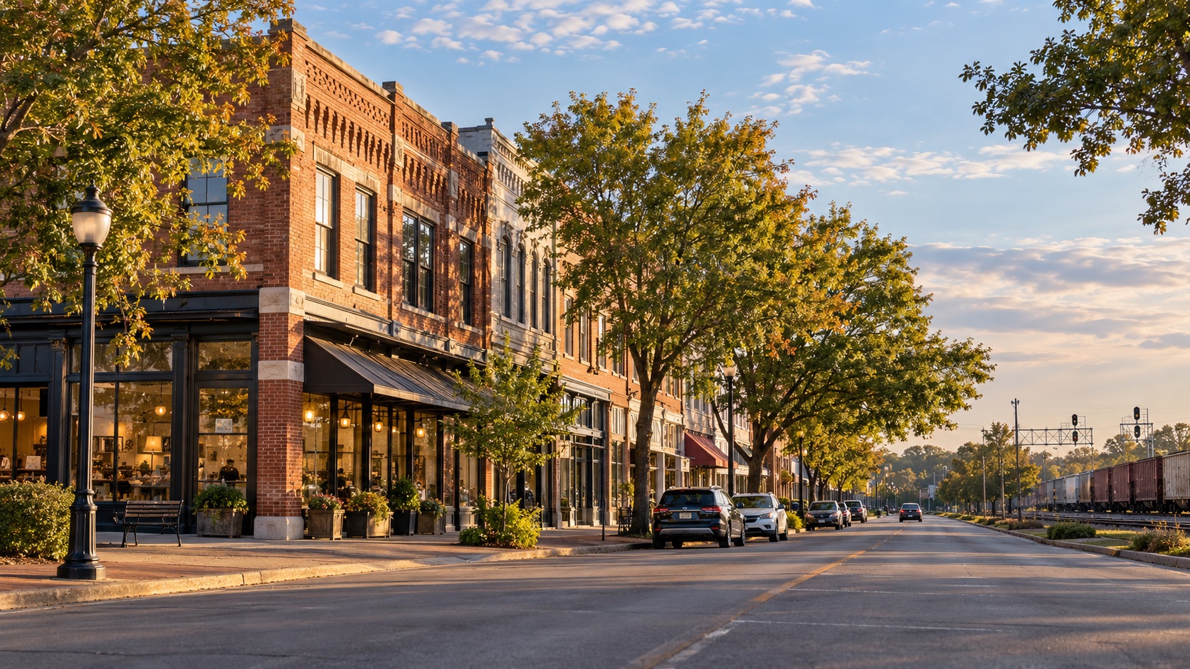 AI-generated illustration of brick storefronts and a tree-lined street inspired by Texarkana’s railroad heritage