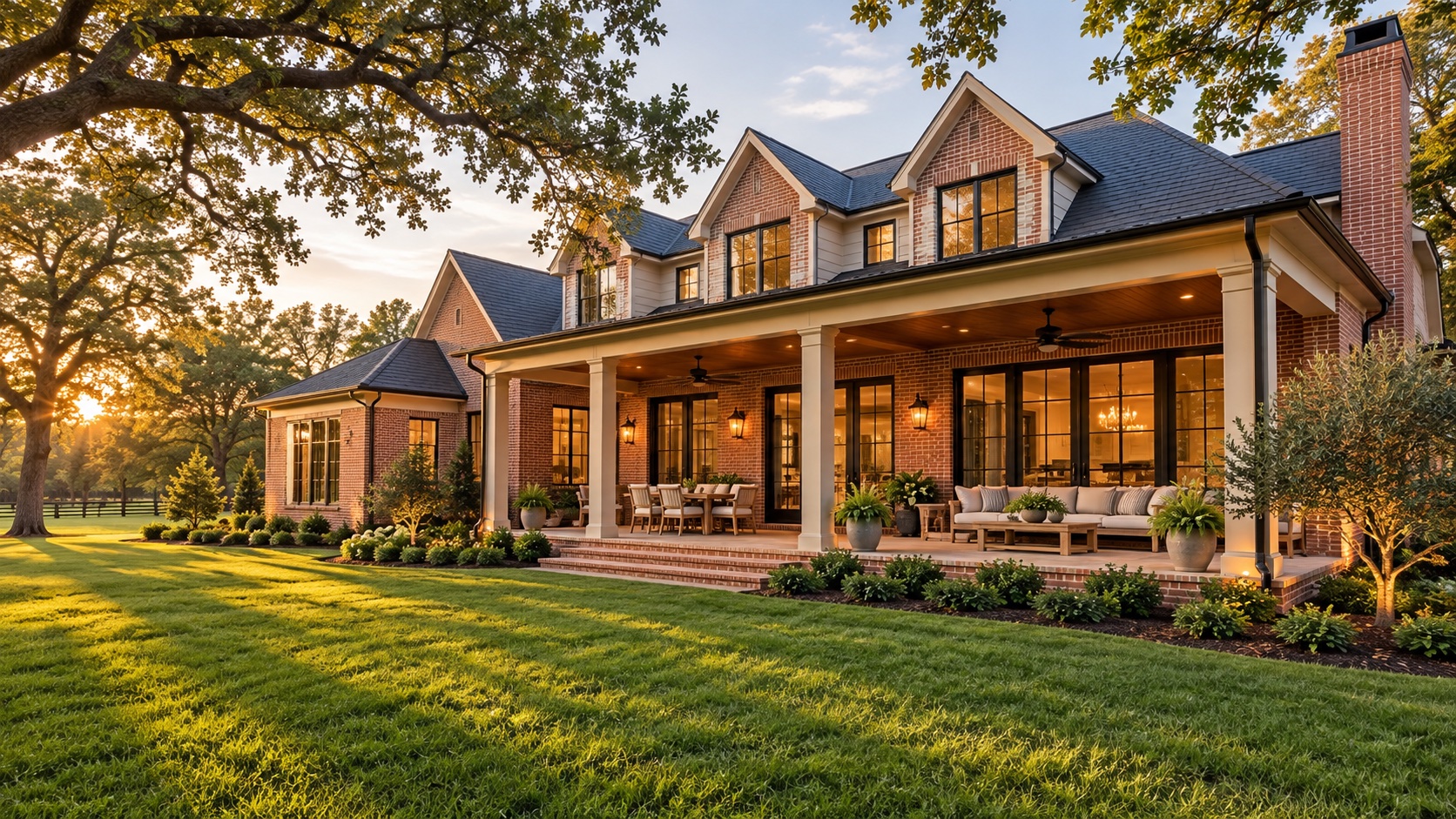Brick home with a broad covered porch and landscaped grounds at sunset